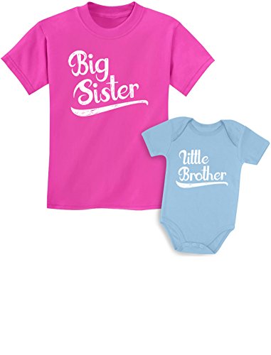 Big Sister Little Brother Outfit Matching Shirts Toddler Baby Newborn Set Girls Shirt Wow Pink/Baby Aqua Kids Shirt 3T / Baby Newborn