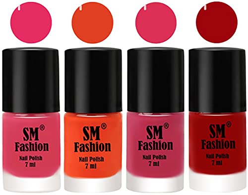 Image of Nail Polish Combo Set (Pack of 4) Quick Dry Gel Finish Nail Paint | Dark Rose Pink,Reddish Orange ,Dusty Pink,Light Red | 7 ml Each