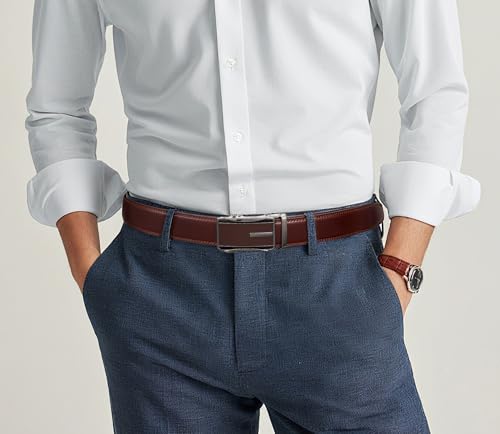 Image of Drowsmen Leather ratchet belt 1 3 /8 inch with Click Sliding Automatic Buckle, Adjustable belt Trim to Fit
