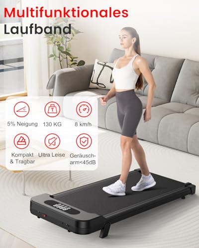 HomeFitnessCode Walking Pad für Zuhause mit Neigung - Laufband Laufpad Steigung Untertisch Elektrisch 1-8 KMH Walking Band, Schwarz