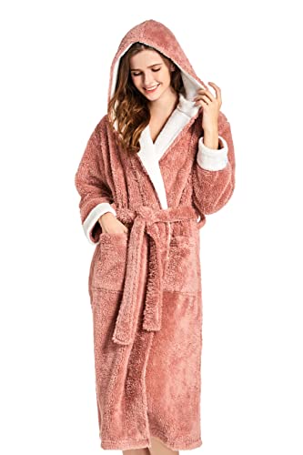 Product Image of the SlumberMee Womens Fleece Plush Robe with Hood Ultra Soft Fluffy Full Length Long with Pockets Luxurious House Coat (Pink, XL)