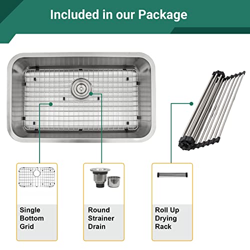 Strictly Sinks 29 Inch Undermount Kitchen Sink - 18 Gauge Single Bowl Kitchen Sink - Ideal Sink For Kitchen With Single Strainer Drain, Bottom Grid & Roll Up Dish Drying Rack #TOP6