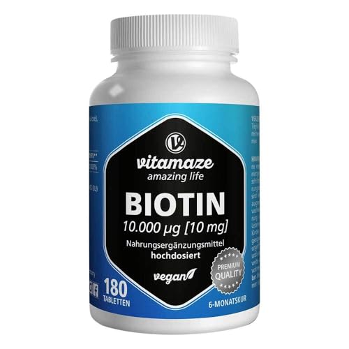 Foto von Biotin 10000 mcg hochdosiert vegan, 10 mg reines Biotin (Vitamin B7), für Haarwuchs & Haut, 180 Tabletten für 6 Monate, Natürliche Nahrungsergänzung ohne Zusatzstoffe, Made in Germany