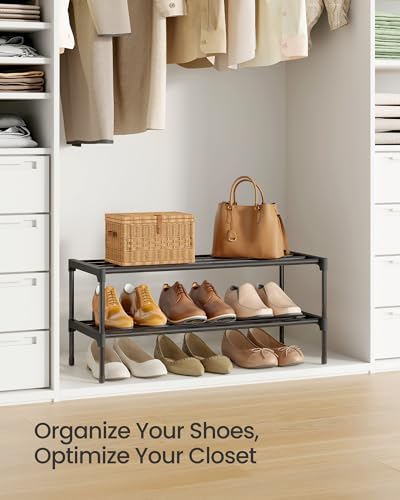 Image of SONGMICS 2-Tier Shoe Rack for Closet, Compact Metal Shoe Organizer Shelf for Entryway, Bedroom, Small Spaces, Stackable, 11.8 x 24.5 x 12.2 Inches, Black ULSA122BH01