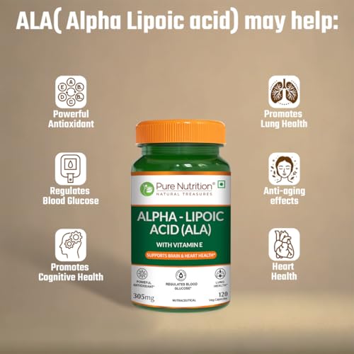 Image of Pure Nutrition Alpha Lipoic Acid (ALA) 300mg with Vitamin E | Powerful ALA Supplement Antioxidant for Nerve & Heart Health | Supports Healthy Blood Sugar, Energy Metabolism & Cellular Protection - 120 Veg Capsules