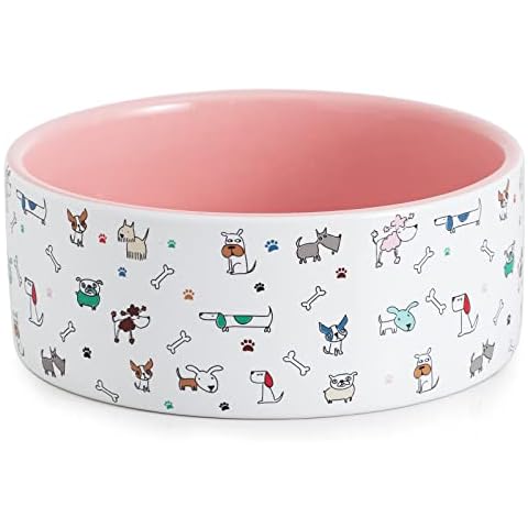 Fun Elements Ceramic Dog Bowls, Dog Bowls for Small Dogs, 16 Fl Oz Heavy Dog Food Bowls Dog Water Bowl with Adorable Dog Patterns (Small,Pink) Cover
