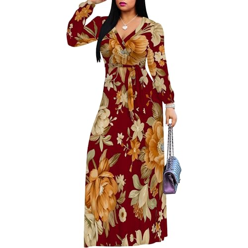 Image of Women Plus Size Long Sleeve V Neck Maxi Dress with Belt | Soft fabric relaxed fit three quarter sleeve v neck with pockets for party and daily wear