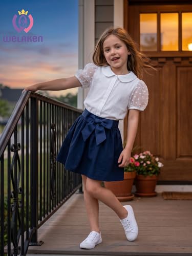 Image of Girls Button Down Blouse with Peter Pan Collar - Classic Short-Sleeve Kids Shirt Top