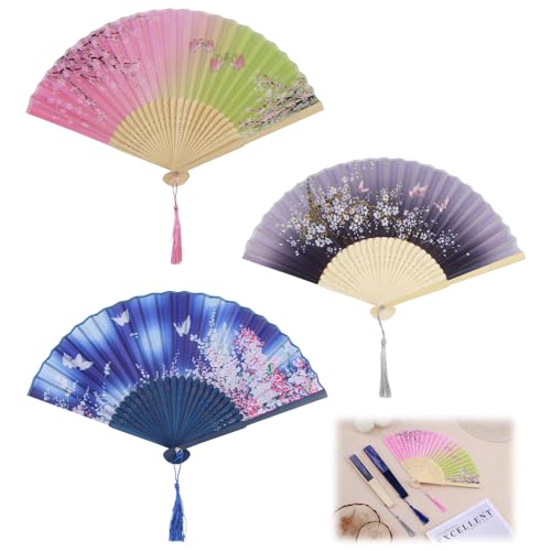 3 ventagli a mano in stile cinese con nappe, scomparti pieghevoli, scomparti in legno intagliati in bambù, scomparti pieghevoli in bambù con nappa per danza, cosplay, feste, oggetti di scena