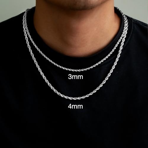 CLASICOMIS Silver Stainless Steel Rope Chain for Men, 3mm/4mm Mens Rope Twist Chain Necklace, 18-26 Inches (Silver-4MM, 26 In) by CLASICOMIS - Used condition - Image 6