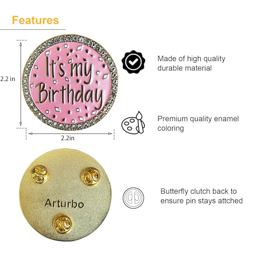 Arturbo It's My Birthday Pin Brooch Round Metal Lapel Pin Badges with Rhinestones Fun Pink Pearl Enamel Pins for Women Girls Boys Men Birthday Party Wedding Gifts Decoration3
