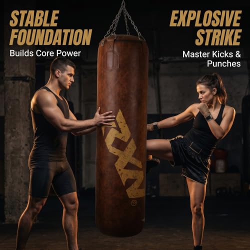 Image of RXN Powerstrike Boxing Punching Bag (Brown, 90 CM) | Synthetic Leather | Pre-Filled | Heavy-Duty Build | 4-Way Chain Included | Boxing, MMA & Kickboxing Training
