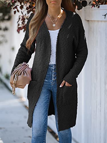 Merokeety Women's Long Sleeve Soft Chunky Knit Sweater Open Front Cardigan Outwear With Pockets,Black,Large #TOP7