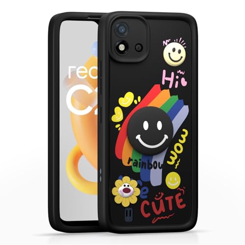 Image of Pikkme Back Cover for Realme C20 | Soft Silicone| Cute Rainbow Smile & 3D Cartoon Flower Design | Shockproof Raised Camera Protection Bumper Case (Black)