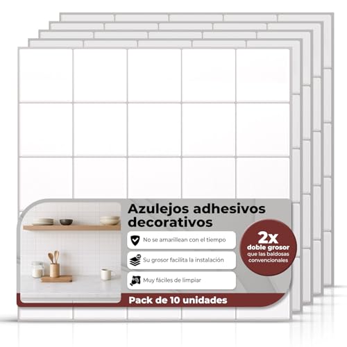 AMARA DECO - 10 Unidades Azulejos Adhesivos Cocina y Baño 30x30cm. Baldosas Adhesivas Pared con Efecto Azulejo 3D, Impermeables, Resistentes al Calor y Fáciles de Limpiar (Cuadrrados, Blanco)