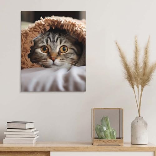 Poster chat sous couverture coton lin déco chambre chaleureuse