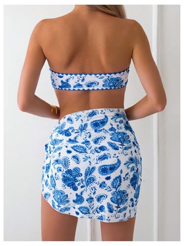 Verdusa Women's 3 Piece Floral Strapless Bikini Set Backless Bandeau Swimsuits with Cover Up Skirt2