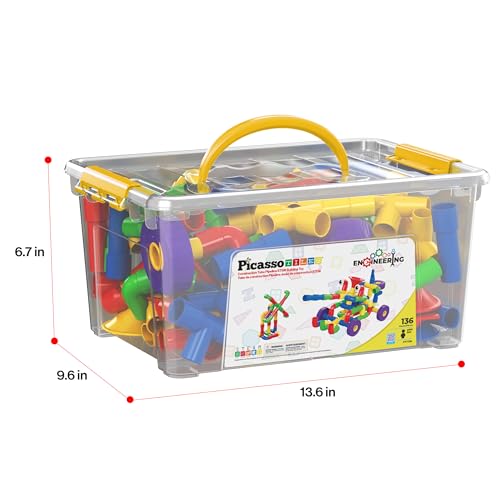 PicassoTiles PTT136 136pcs Tubular Pipes & Spout STEAM Interlocking Educational Building Block Set, Tube Locks, Pipeworks Construction Blocks w/Storage Container Box, Idea Book, Flute Musical Kit