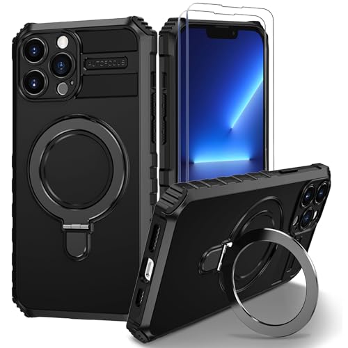 Fudley iPhone 13 Pro Max Magnetic Case [Compatible with MagSafe] with 2 Tempered Glass Screen Protectors with Ring Kickstand,Military Grade Heavy Duty for iPhone 13 Pro Max Case 6.7'' Black