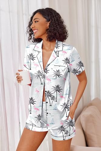 Image of Ekouaer Womens Satin Silk 2 Piece Pajamas Set Short Sleeve Sleepwear | Button Down Top and Shorts Loungewear Set for Sleep, Home, Wedding, Travel, Party, Daily Wear & Great for Sharing