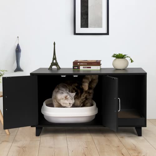 Richya Cat Litter Box Enclosure, Modern Wood Pet Crate Cat Litter Box Furniture Hidden Cat Washroom Furniture House Table Nightstand With Cat Scratch Pad (Black) #TOP4