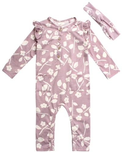 Image of Jessica Simpson Baby Girls' Romper - Overall Jumpsuit with Hat or Headband - Long Sleeve Bodysuit for Newborns/Infants, 0-24M