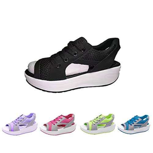 Lymphvity Women's Contrast Paneled Cutout Lace-Up Muffin Sandals,Summer Sports Leisure Mesh Peep Toe Wedges Sandals