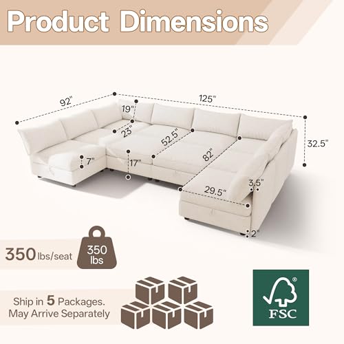 Image of 125 inch Chenille Modular Sectional Sofa Bed Hidden Storage, Convertible L U Shaped Sleeper Couch, 10 Seat Modern Modular Sectional Sofa with Removable Covers & Ottoman Chaise, for Living Room, Beige