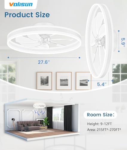 Image of VOLISUN Low Profile Ceiling Fans with Lights and Remote, 27.6in Flush Mount Ceiling Fans with Light, 3000K-6500K Dimmable Fandelier LED Fan Light, White Bladeless Ceiling Fans with Lights for Bedroom