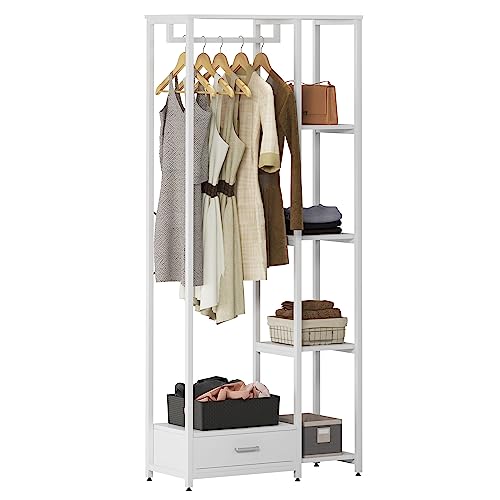 DlandHome Appendiabiti con ripiani e cassetto, armadio aperto in acciaio e MDF, porta abiti con ripiani per scarpe e borse per soggiorno, camera da letto, negozi 180 cm, bianco, CCR03