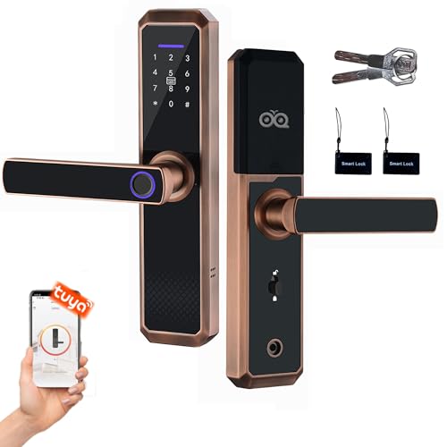 Smart Lock,Keyless Entry Door Lock with Two-Way Handle, Fingerprint Door Lock, WiFi Electronic Digital Door Lock with Keypad, Free APP, Auto Lock, Password, IC Card for Home Office Apartment (Copper) by OVQ - Used condition - CA$35.50