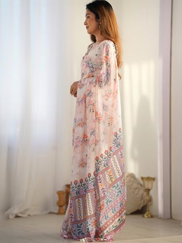 Image of Panzora Women's Chinon Printed Saree With Unstitched Blouse Piece