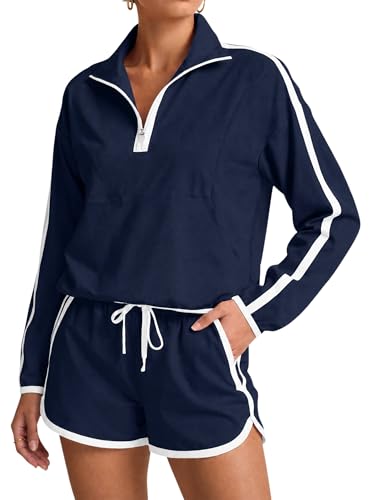 Fisoew Womens 2 Piece Outfits Sets Half Zip V Neck Long Sleeve Pullover Tops Shorts Casual Tennis Running Tracksuits - image 1