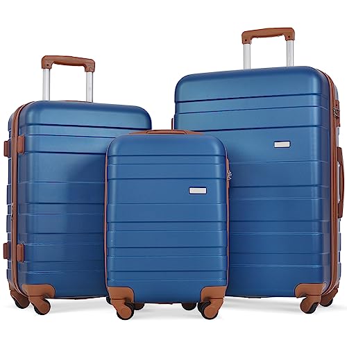 GOWE Luggage Sets New Model Expandable ABS Hardshell 3pcs Clearance Luggage Hardside Lightweight Suitcase Sets Spinner Wheels Suitcase with TSA Lock 20''24''28''(Navy and Brown)