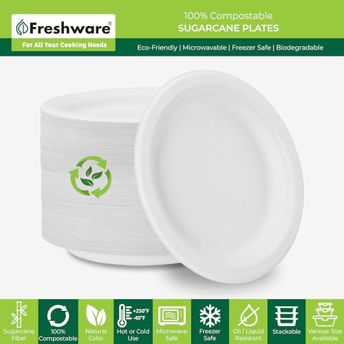 Image of Freshware Paper Plates - Disposable 10 inch Plate, 500-Pack, Biodegradable Sugarcane Dinner Plates - Heavy Duty Dinnerware for Hot Food - Microwave & Freezer Safe, Stackable Dinnerware