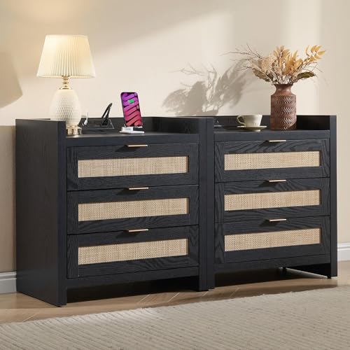 Image of SICOTAS Nightstands Set of 2 Bedside Table - Larger Rattan Night Stand with Type-C Charging Station, 3 Drawers Storage - Boho Tall Night Stands End Table for Bedroom Office - Black Oak