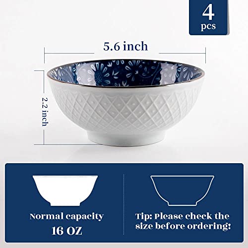Y Yhy Ceramic Bowls, 16 Oz Japanese Rice Bowl, Porcelain Cereal Bowls For Kitchen - Nice Choice Of Thanksgiving & Christmas Gifts, Blue Bowl Set Of 4, Microwave And Dishwasher Safe #TOP5