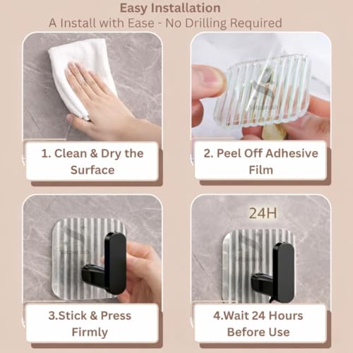 Image of Satpurush Luxury Acrylic Self Adhesive Wall Hooks | Heavy Duty Bathroom & Kitchen Hook | No Drill Waterproof Wall Hanger for Towels, Robes, Keys & Accessories (Black, Pack of4).