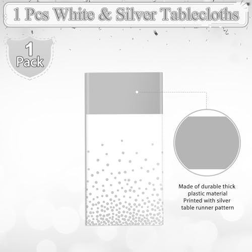 Image of MASHAN 1Pcs White Silver Tablecloth Party Decorations,Plastic White Table Cloth Printed Silver Runner Disposable Rectangle Table Cover for Birthday Wedding Anniversary Graduation Party,54 x108 Inch