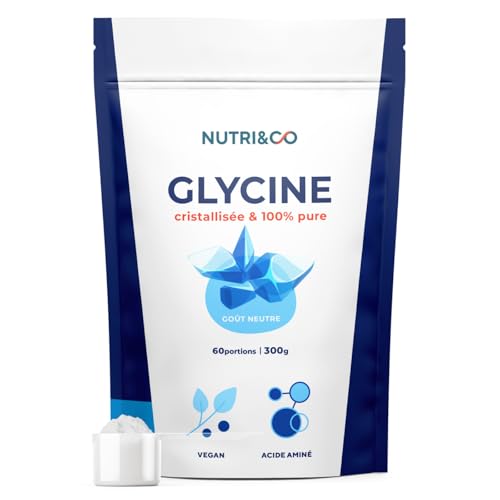 NUTRI & CO Glycine Cristallisée 100% Pure Sans Additifs & Vegan - Acide Aminé composant du Collagène - Aide au Sommeil, Articulations & Peau - 300g en poudre 60jrs - Conditionné en France