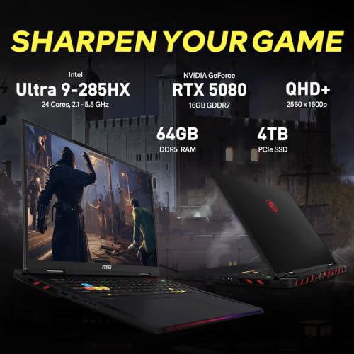 Image of msi Raider 18 inch QHD+ 240Hz Gaming Laptop, Intel Core Ultra 9 285HX, GeForce RTX 5080 16GB GDDR7, 64GB DDR5, 5TB Storage (4TB SSD+1TB Docking Station), Backlit Keyboard, Copilot, Wi-Fi 7, Win 11, Black