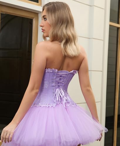 Vrapo Korsett Damen - Bustier Corset Top für Frauen - Vollbrust Corsage Schnürkorsett Taillenformer Dessous - Lila Rose - Größe M – Ansicht 7