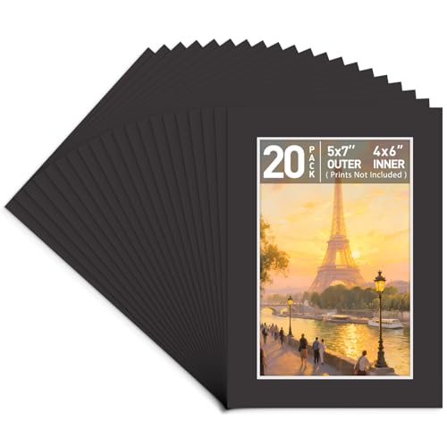 Golden State Art, Black Mat - Bevel Cut, Acid Free, 4-Ply Thick, Signature Friendly - Great for Photos, Pictures, Events, Prints - 5x7 for 4x6, 20-Pack, Mats Only