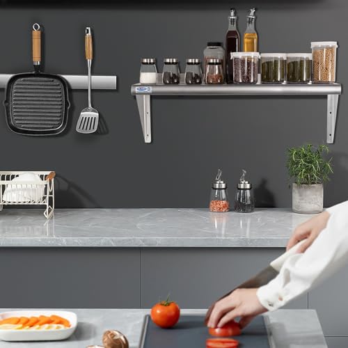 Image of HARDURA Stainless Steel Shelf 12 inch x 48 inch, 250lb Commercial Shelves Wall Mount Metal Shelving with Backsplash and Brackets for Kitchen, Restaurant, Laundry Room and Home