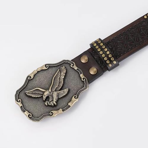 VERENIX Flying Eagle Western Cowboy Rivet Retro Brown Leather Waist Belt for Men Causal Golf Pants Polo Shirts Matching Steampunk Rock Buckle Belts Pattern Floral Engraved Buckle Belt2