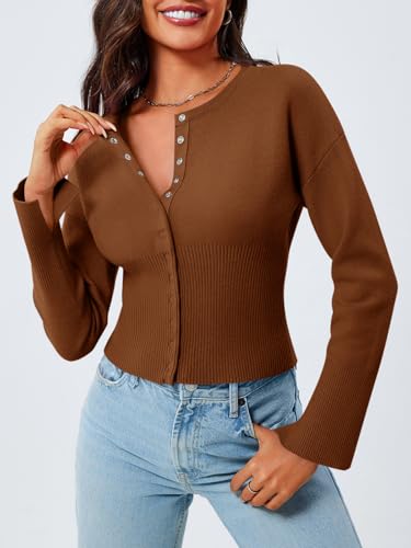 Image of Saodimallsu Womens Cropped Sweaters Cardigan | Button Down,Long Sleeve,V Neck,Ribbed Knit,Slim Fit ,Pullover Crop Tops