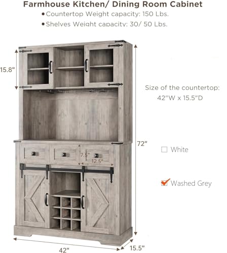 72" Farmhouse Bar Cabinet with Sliding Barn Door, Tall Kitchen Buffet with Storage Hutch and 3 Drawer, Rustic Coffee Wine Bar Sideboard with Wine & Glasses Rack, for Living Room, Washed Grey