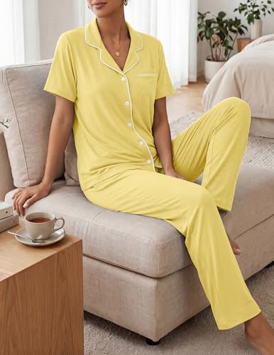 Image of ZMJ Womens Pajamas Sets 2 Piece Button Up Pj Sets Short Sleeve with Long Pant