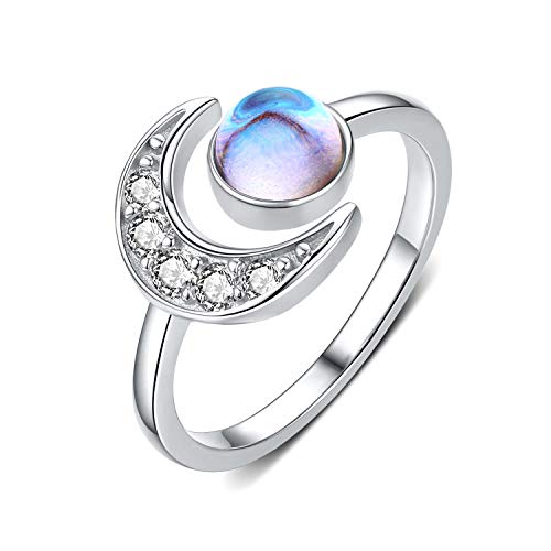 Moon Ring, S925 Sterling Silver Crescent Moon Ring Synthetic Moonstone Open Ring Adjustable Ring Gift for Women (Blue)