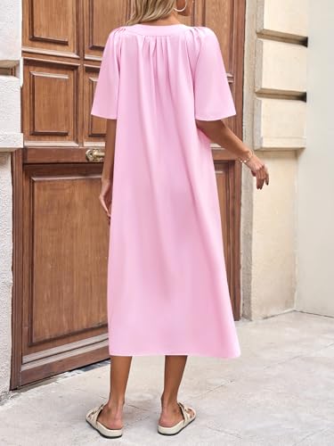 Image of Wenrine Womens Flutter Short Sleeve Maxi Dress Casual V Neck Side Slit Pleated Loose Flowy Summer Dresses
